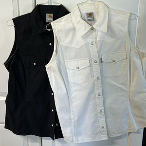 2 ladies Carhartt for women western shirts. One black and one white.size large.